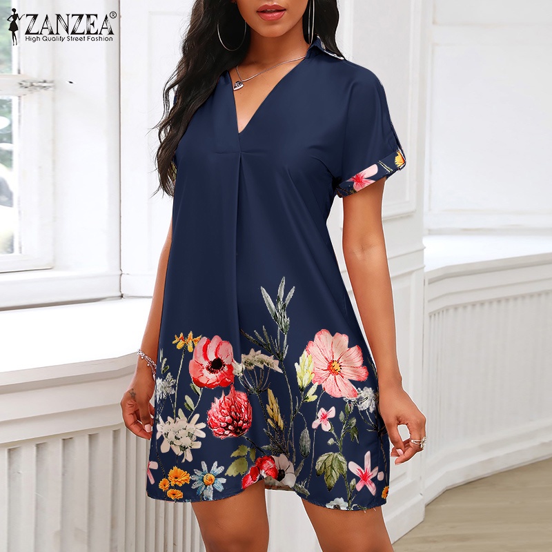 Đầm ngắn ZANZEA cổ chữ V hoạ tiết in bông hoa tinh tế dáng chữ A cổ điển ngọt ngào cho nữ