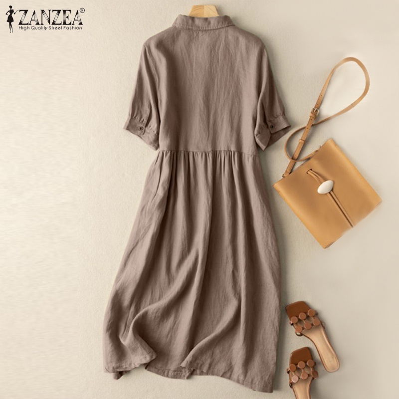 Zanzea Đầm Midi Tay Ngắn Cổ Bẻ Phong Cách Retro Thời Trang Cho Nữ
