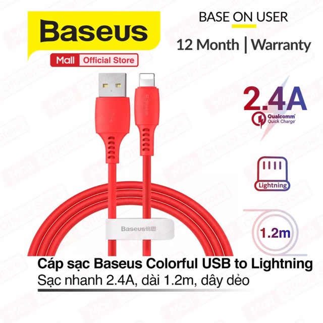 Cáp sạc Baseus Colorful Data Cable USB to Lightning dành cho iPhone sạc nhanh 2.4A, dài 1.2m, dây dẻo, màu sắc bắt mắt