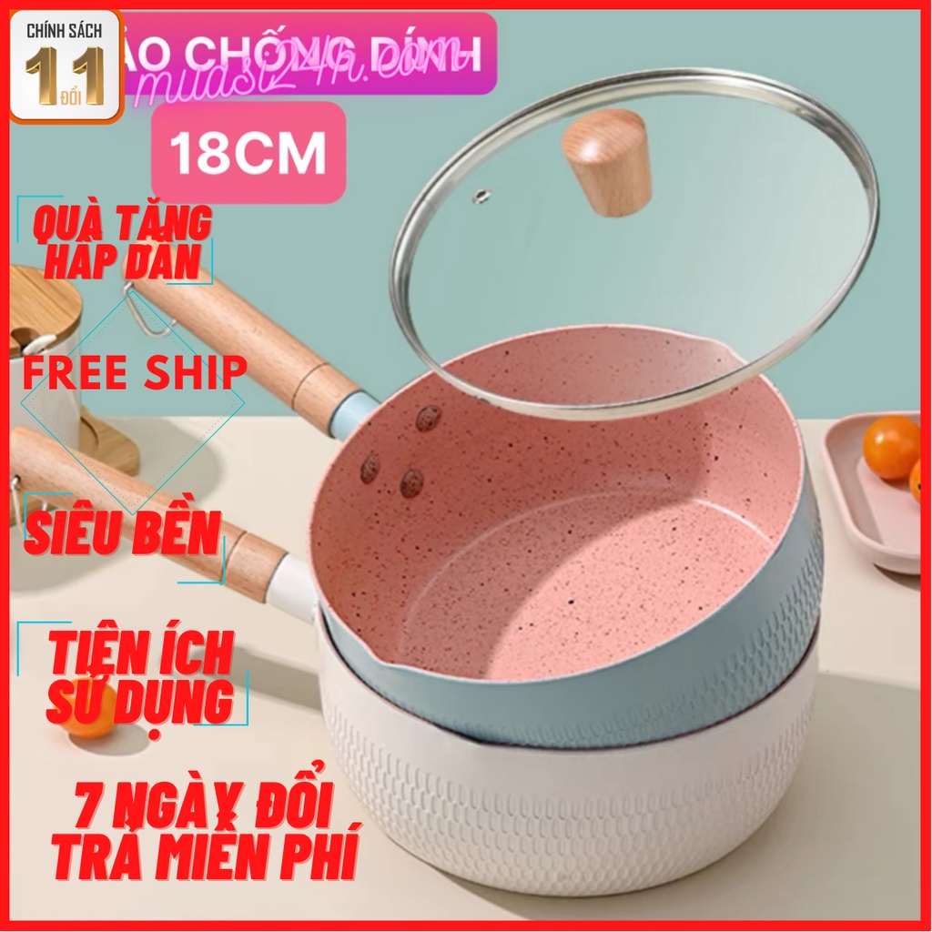 Chảo đá đáy từ chống dính sâu lòng đa năng tay cầm gỗ dài Pastel - Chảo chống dính lúa mạch bếp từ 18cm xinh xắn