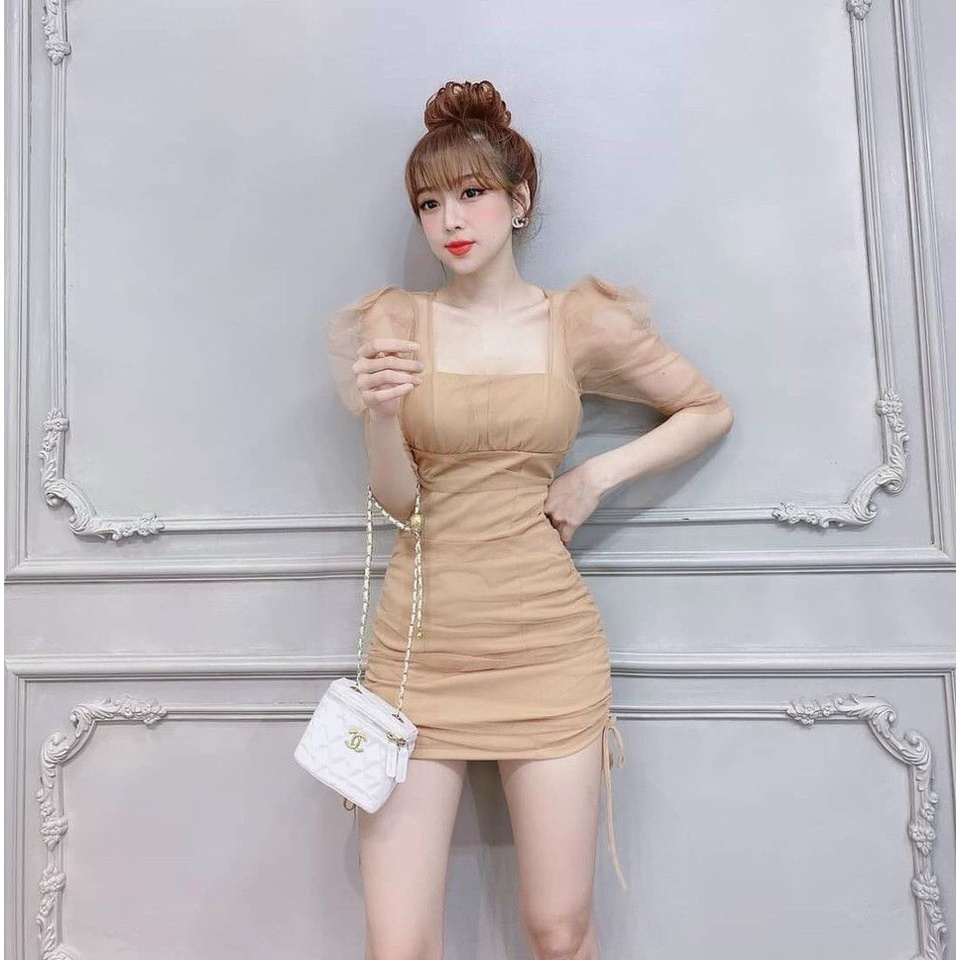 Đầm Váy Thời Trang Nữ Thiết Kế Sang Chảnh Body Cổ Vuông Rút Dây Hai Bên Hông Tay Phối Voan Thời Trang