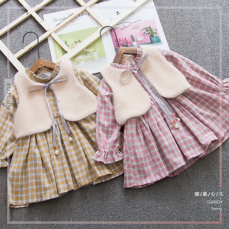 Set váy kẻ kèm áo len lông cute size 10-18kg