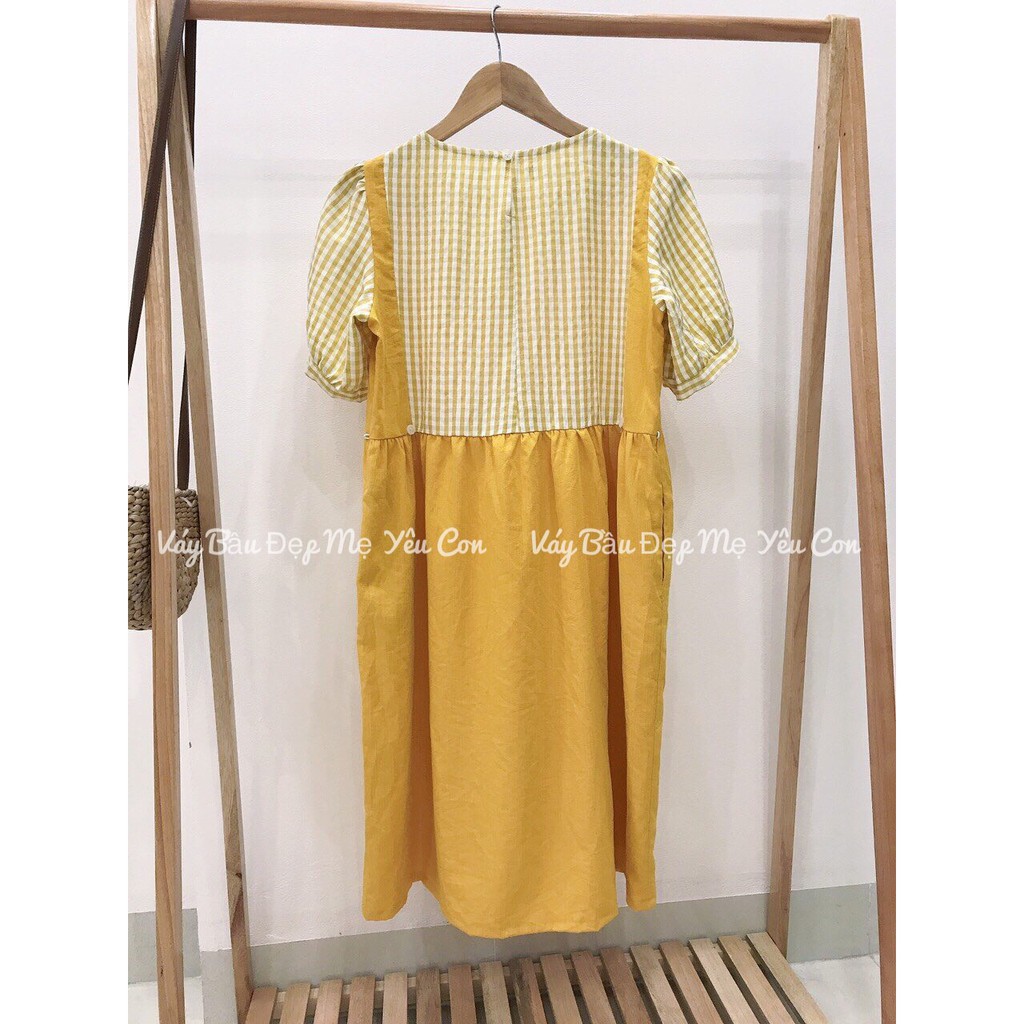 Váy Bầu Công Sở, Đầm Bầu Babydoll Vàng Phối Kẻ Vàng Giả Yếm [Video + ảnh thật ]