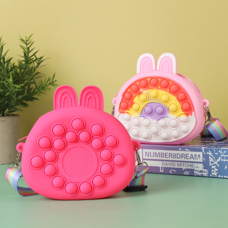 Pop It Túi Đeo Chéo Vai Hình Thỏ Màu Cầu Vồng Đồ Chơi Giảm Căng Thẳng Cho Bé Gái