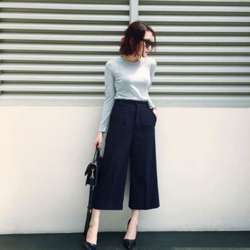 Quần ống rộng lửng_quần culottes vải tuyết mưa cao cấp khoá trước siêu Hot