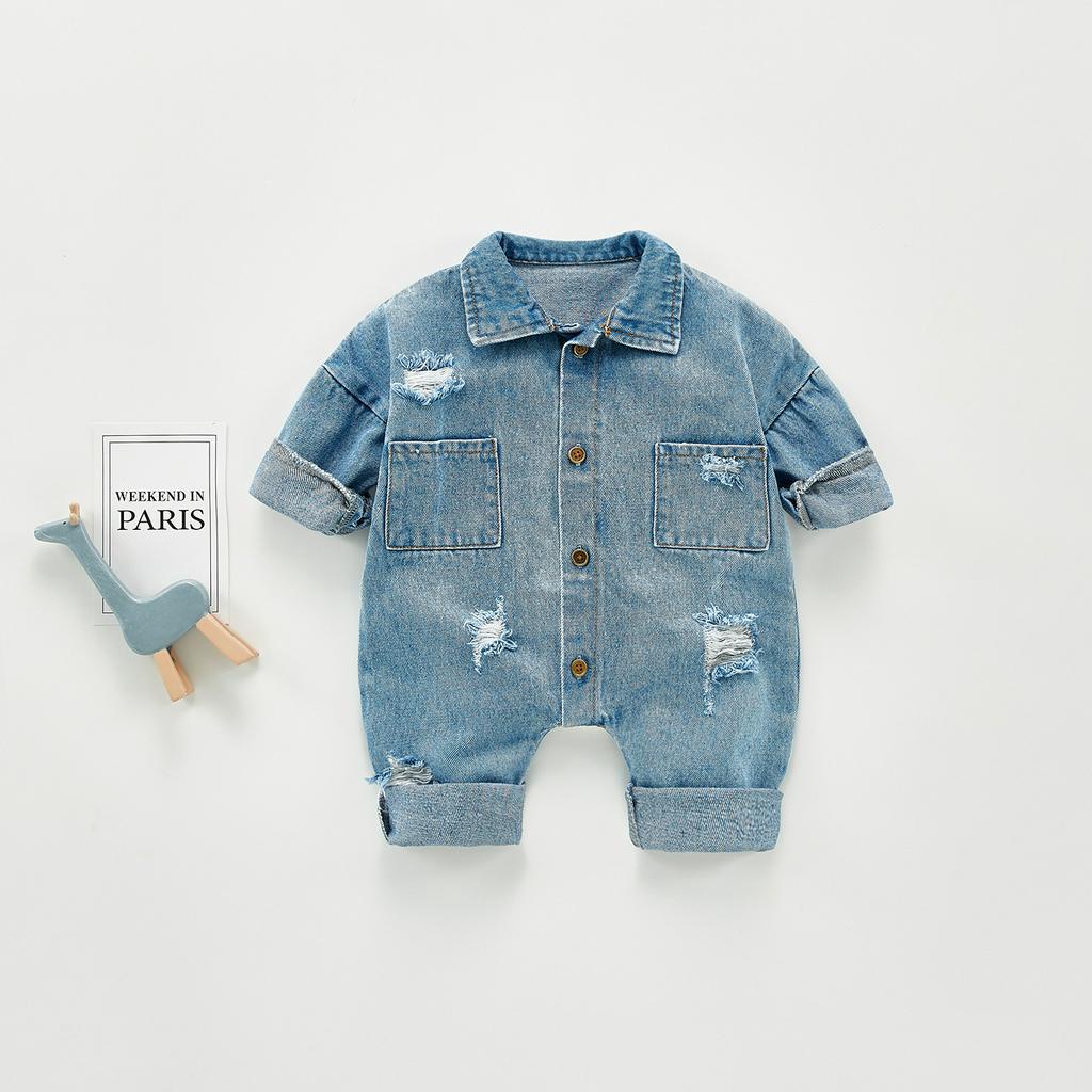 Bộ Áo Liền Quần Denim Rách Cá Tính Hợp Thời Trang Dành Cho Bé