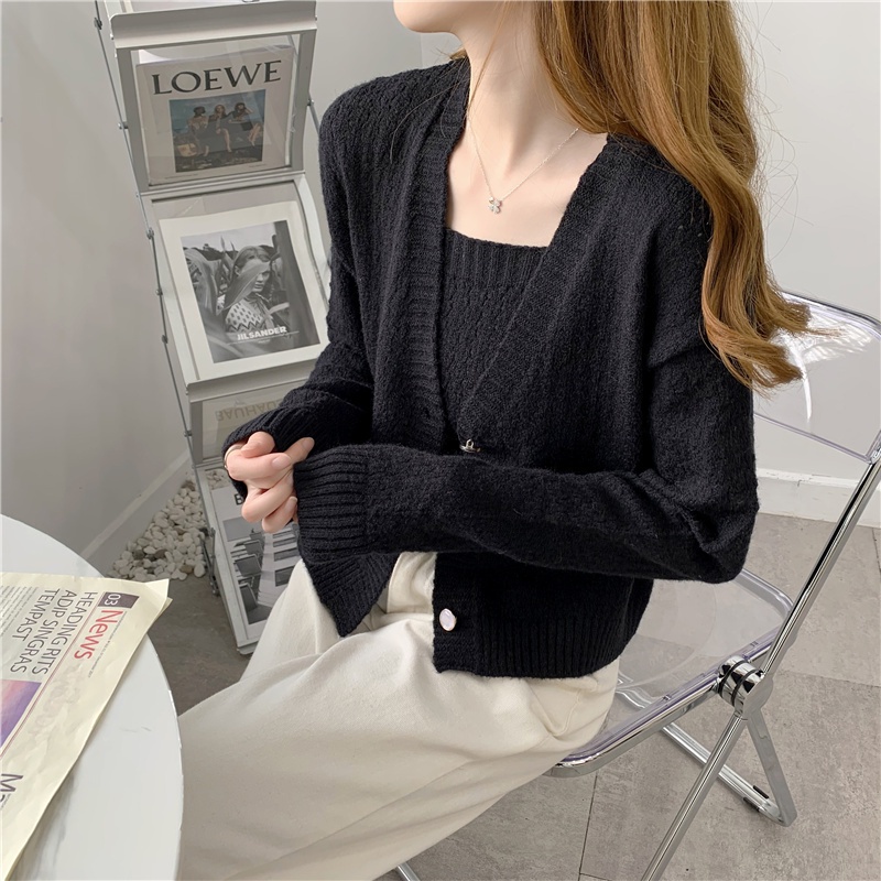 SUXI Set Áo Khoác Cardigan Và Áo Hai Dây Thiết Kế Mới Thời Trang Mùa Thu Dành Cho Nữ