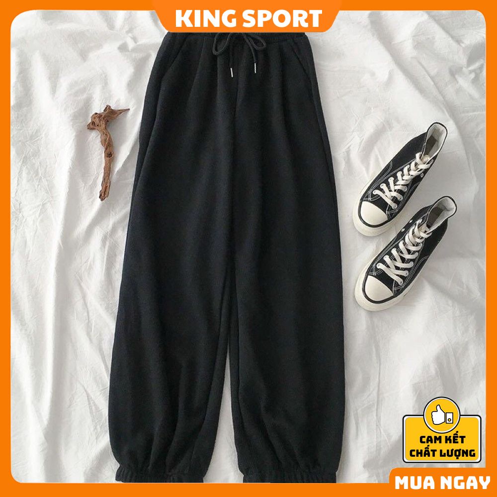 Quần jogger nỉ bom nữ form rộng bo gấu vải thun da cá trơn mềm mịn ullzang unisex thể thao mặc nhà ống rộng KING SPORT