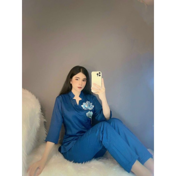 Sét Bộ Đồ Lam Đi Chùa - Đồ Lam Phật Tử thêu hoa sen cột dây eo Cao Cấp