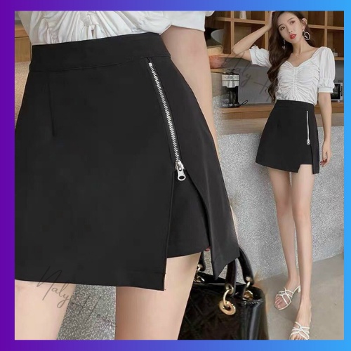 Quần Short Giả Váy Vạt Khóa Xẻ Tà Nữ Tính 2 Màu Đen trắng