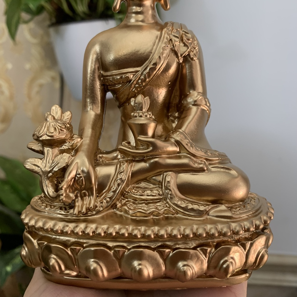 Tượng đá Phật Dược Sư Lưu Ly Quang ngồi trên đài sen trang trí phòng thờ- Chiều cao 16cm - Màu nhũ đồng