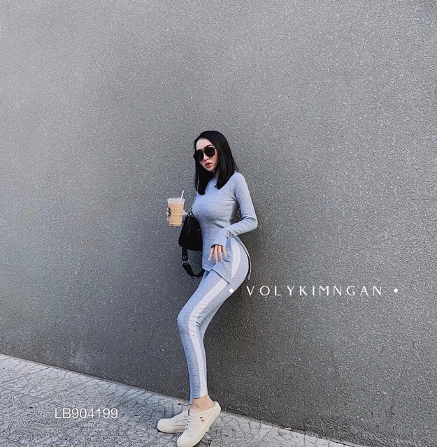Set áo thun vạt xéo tay dài + quần dài legging phối sọc