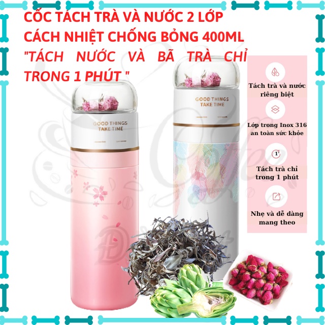 Bình Tách Trà Giữ Nhiệt 2 Lớp Tách Nước Và Bã Trà Riêng Đà Lạt Coffee 400ml Inox 316 Và Thủy Tinh Cao cấp-Hàng chínhhãng