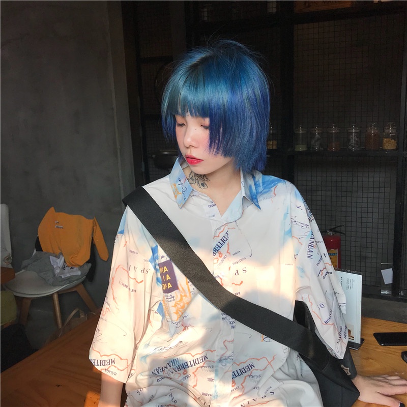 【ZHELIHANGFEI】 Áo Sơ Mi Dáng Rộng In Bản Định Hướng Phong Cách Harajuku Hip Hop Đường Phố Mùa Hè Cho Nam Và Nữ