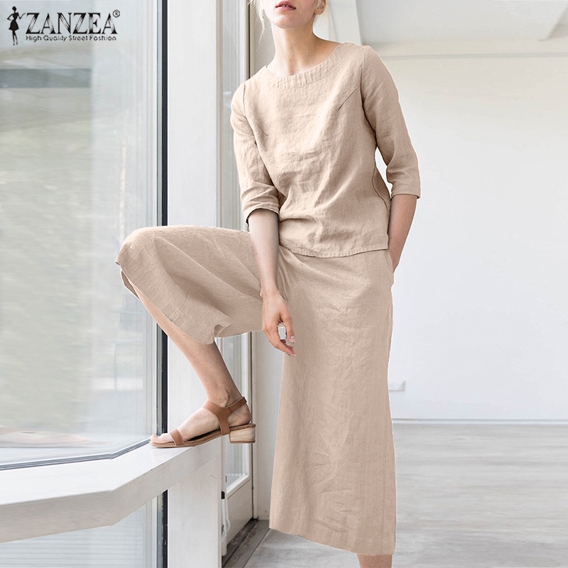 Bộ áo ZANZEA cổ tròn tay 3 / 4 phối quần ống rộng lưng thun kiểu Châu Âu thời trang cho bạn gái