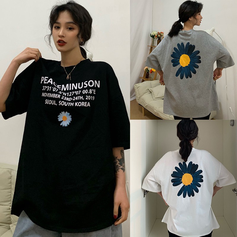 [Baywellfashion]Women Summer Crew Neck College Wind Short Sleeve Floral Print Loose T-Shirt