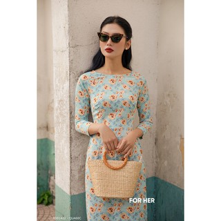 Áo dài Cách tân cổ thuyền xanh hoa vàng AD01422