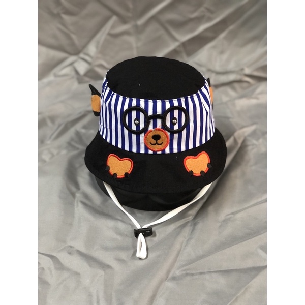 Nón bo cho bé từ 1-3 tuổi phối sọc thêu gấu mắt kính - Nón vành bé