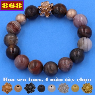 Vòng tay chuỗi hạt gỗ-hóa-thạch charm hoa sen 2 bi