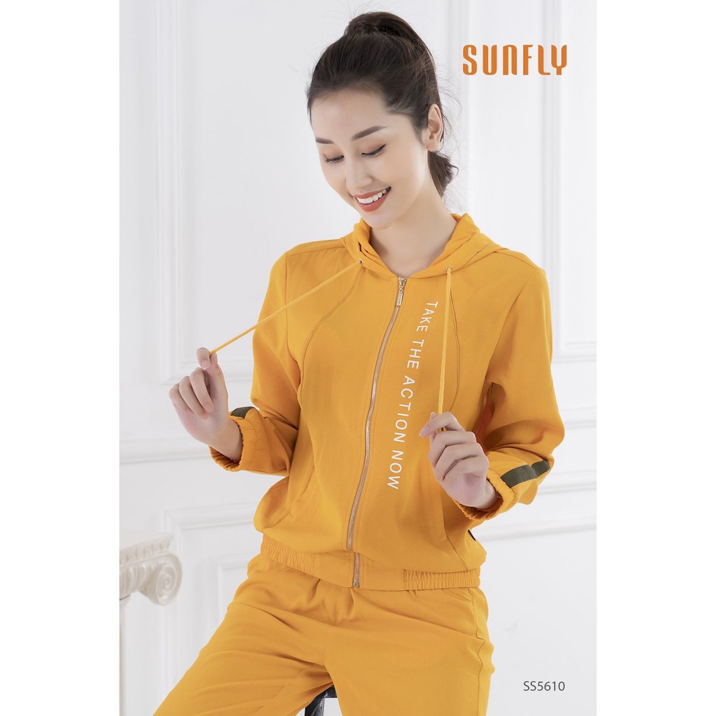 SS5610 Bộ đồ mặc nhà nữ thể thao đũi SUNFLY kéo khóa có mũ áo dài, quần dài