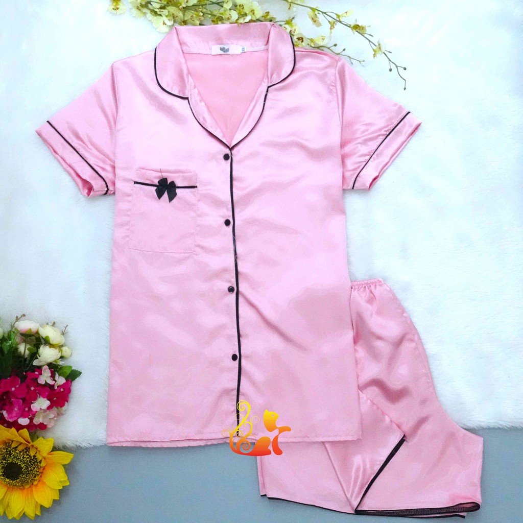 Đồ Bộ Pijama Phi Lụa "Viền Nơ" Cao Cấp - Dưới 75kg