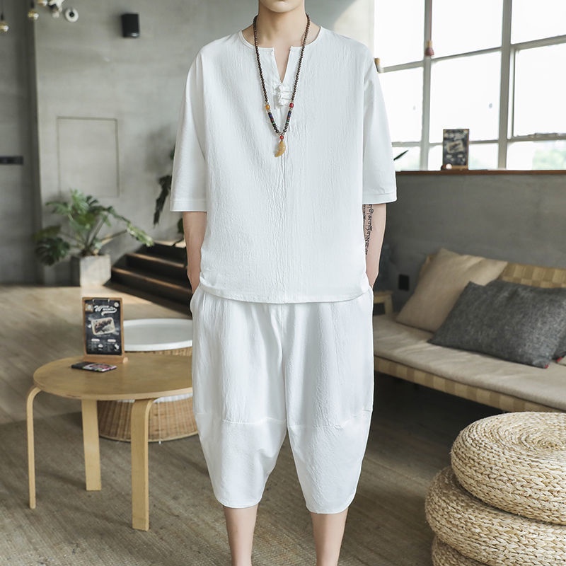 Bộ Đồ Hán Phục Tay Ngắn Bằng Vải Lanh Cotton Thời Trang Mùa Hè Cho Nam