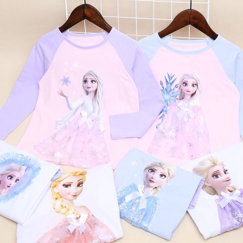 DISNEY Áo Thun Tay Dài Phối Ren 3D In Hình Công Chúa Elsa Cho Bé Gái 2-10 Tuổi