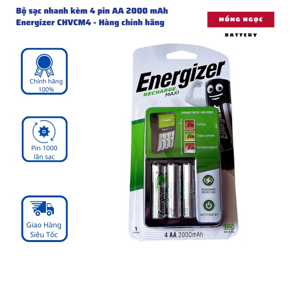 Bộ Sạc Nhanh Tự Ngắt Energizer Kèm 4 Pin AA 2000mah CHVCM4 - Hàng Chính Hãng