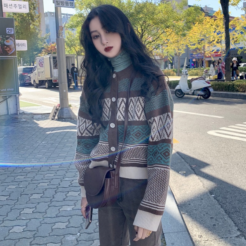 Hàng Sẵn_ Áo len cardigan dệt kim ngắn phong cách retro