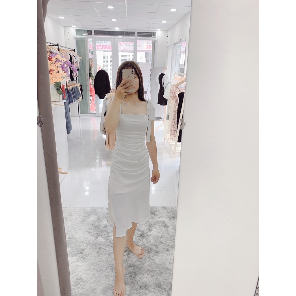 Đầm 2 Dây Cột Nơ Nhún Xẻ Tà - Roise