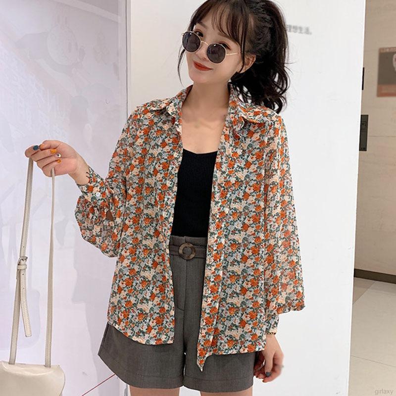 Áo Sơ Mi Tay Dài Form Rộng Họa Tiết Hoa Phong Cách Retro Dịu Dàng Hàn Quốc