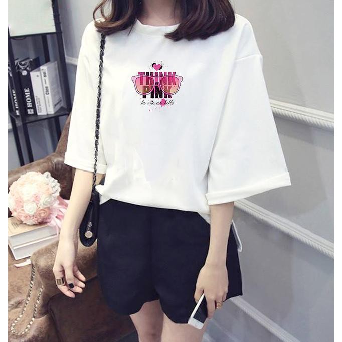 Áo thun tay lỡ Hàn Quốc form rộng in hình Think Pink vải dày mịn TEEWO172