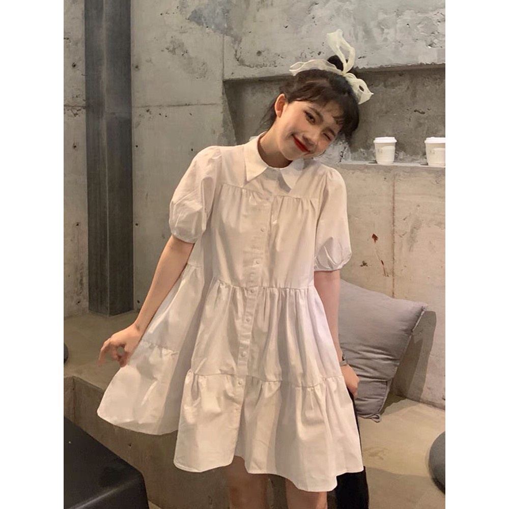 V008 Váy sơ mi babydoll trắng tay bồng có cúc dáng lỡ nữ sinh 2 tầng xòe đi học đi chơi dễ thương trẻ trung cute đẹp