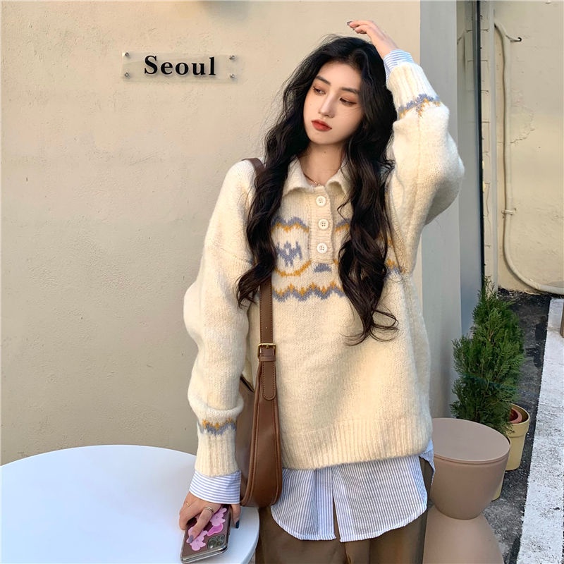 Áo thun Polo dệt kim màu sắc Retro thời trang thu đông Hàn Quốc mới cho nữ