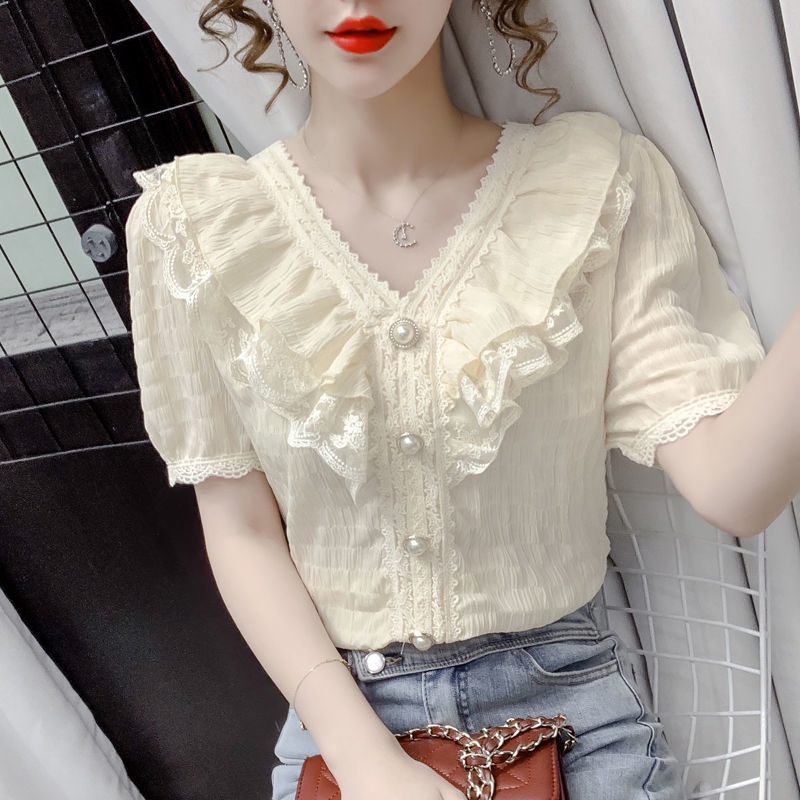 Áo Sơ Mi Chiffon Cổ Chữ V Phối Ren Bèo Thời Trang Mùa Hè Xinh Xắn Cho Nữ