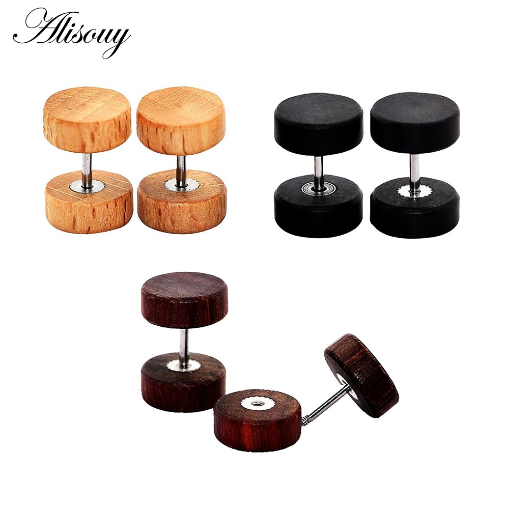 Set 2 Khuyên Tai Gỗ Xỏ Lỗ 6 / 8 / 10 / 12mm Màu Đen / Nâu Tự Nhiên Cho Nam Và Nữ