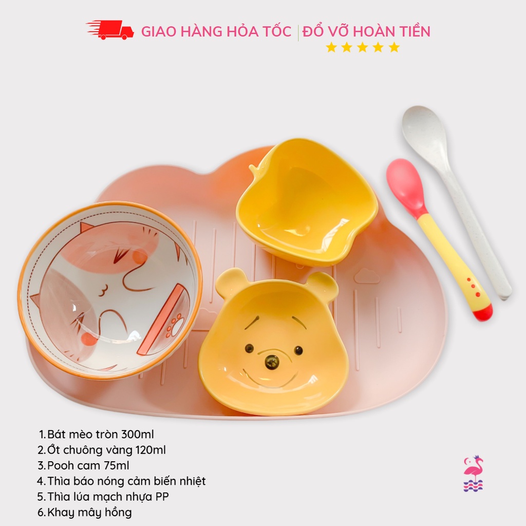 Bộ Bát Ăn Dặm Cho Bé Gốm Sứ Kiểu Nhật Từ 9 Tháng Ấm Gift &amp; Decor Gồm Khay PP5, Bát Lớn 400ml, Thìa Dĩa Bẻ Cong Silicon