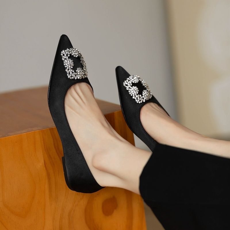 Giày Búp Bê Mũi Nhọn Bằng Satin Đính Đá Size 33-44 Thời Trang Cho Nữ Dự Tiệc Cưới