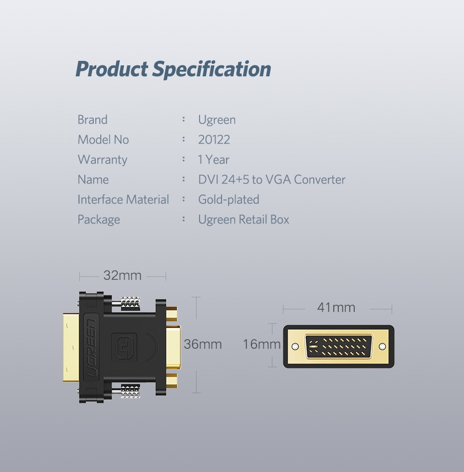 Bộ ChuyểN ĐổI Ugreen 1080P DVI 24 + 5 ĐầU CắM Sang Lỗ CắM VGA Chuyên DụNg Cho MáY TíNh