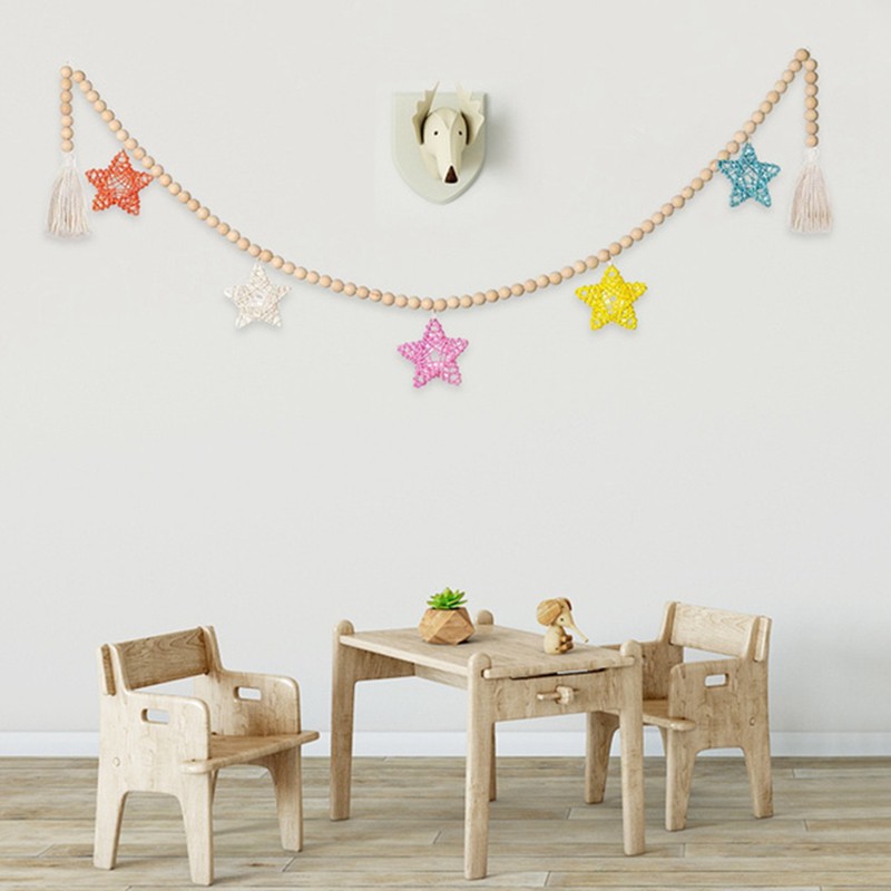 Handmade Woven Wood Bead Garland with Rattan Stars Wall Decoration