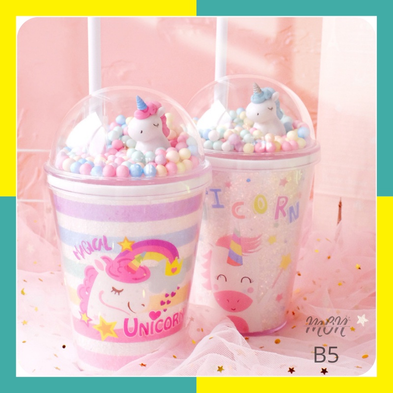 🌸sẵn🌸 Ly nước giữ nhiệt 2 lớp nhựa an toàn họa tiết unicorn hồng  - B5
