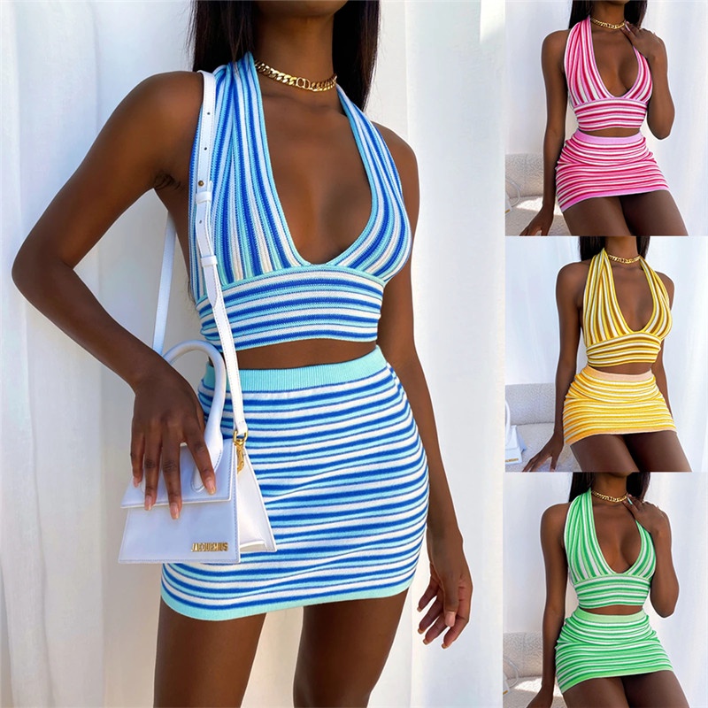 Hitpop-Women Sexy Two-piece Clothes Set, Blue Stripe Pattern Deep V-neck Crop Tops and High Waist Skirt
