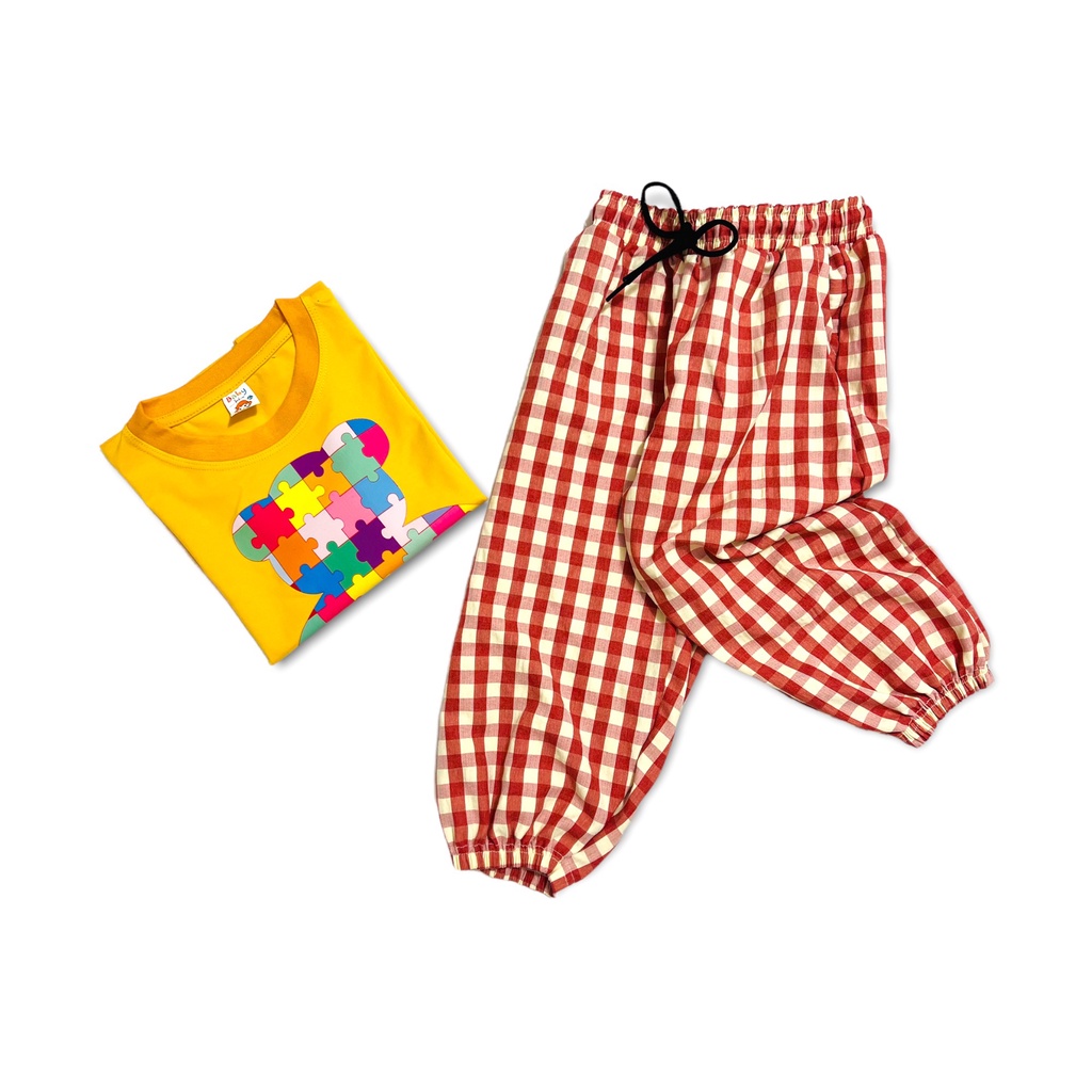 Đồ bộ bé gái Con Xinh cotton phối quần dài caro Gấu Nhiều Màu, thời trang dành cho trẻ em từ 4 đến 10 tuổi