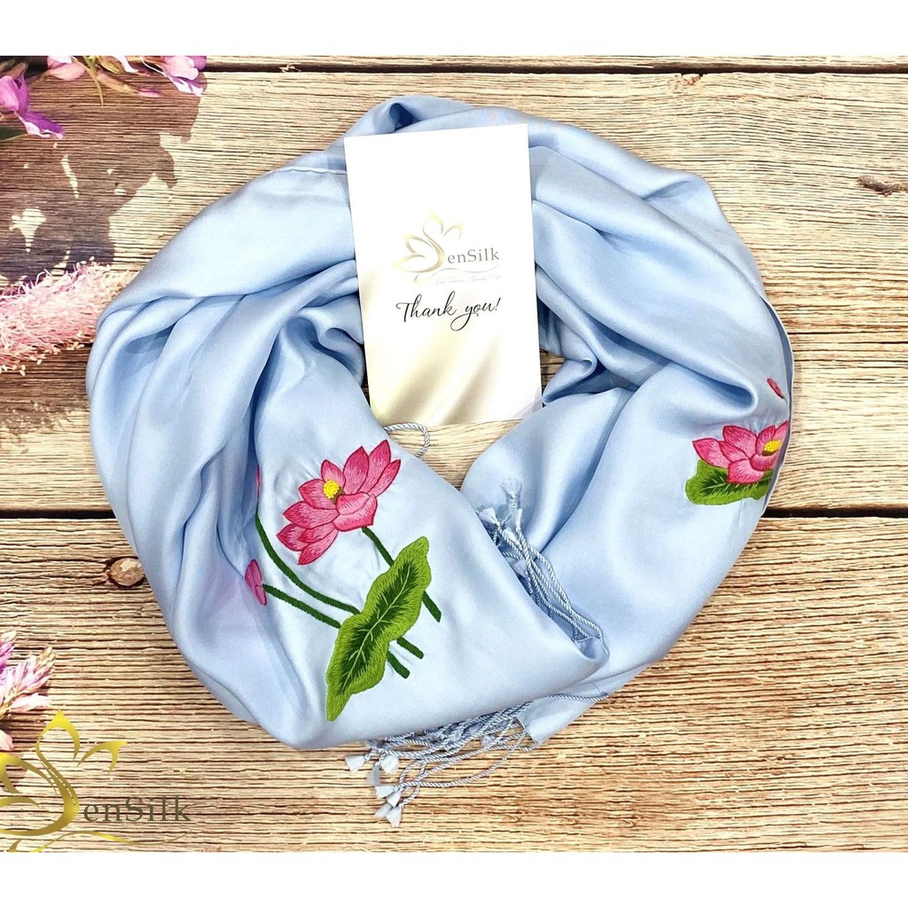 Khăn Lụa Cao Cấp SenSilk Thêu Tay Sen Việt 200x55cm, Quà Cho Người Nước Ngoài