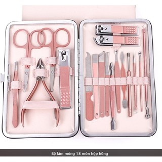 BỘ KIỀM CẮT MÓNG - Bấm móng 18 món màu hồng bằng thép không gỉ (Kèm hộp da sang trọng)
