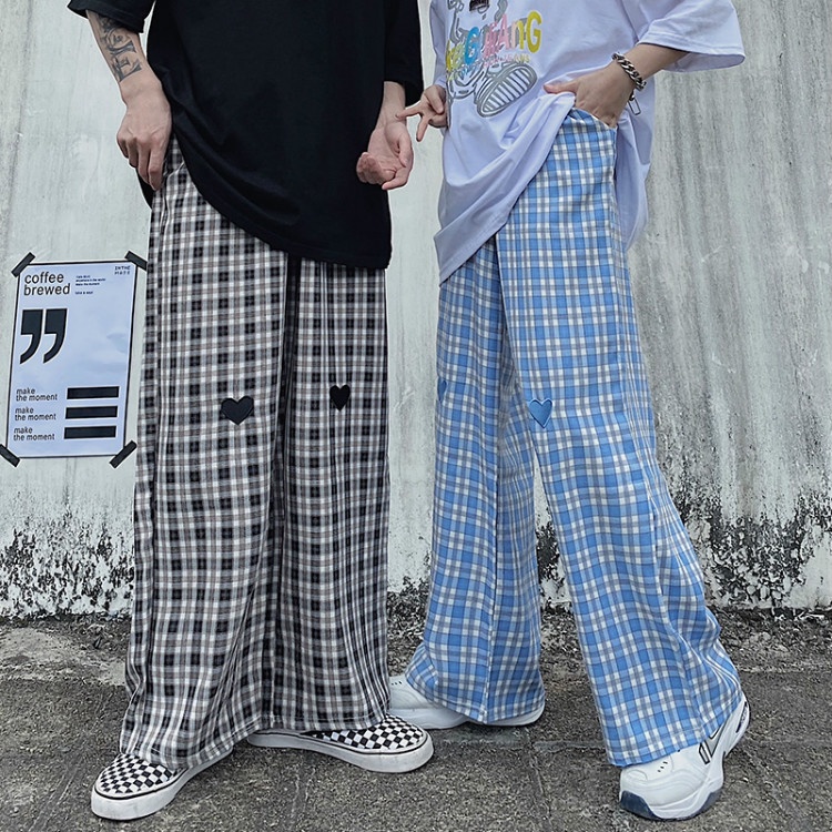 Harajuku style wide leg pants lovers Plaid straight pants men's and women's casual pants