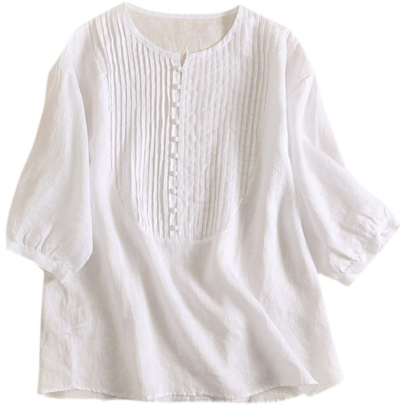 Áo kiểu bằng cotton lanh mát tay dài thời trang nữ phong cách Nhật Hàn