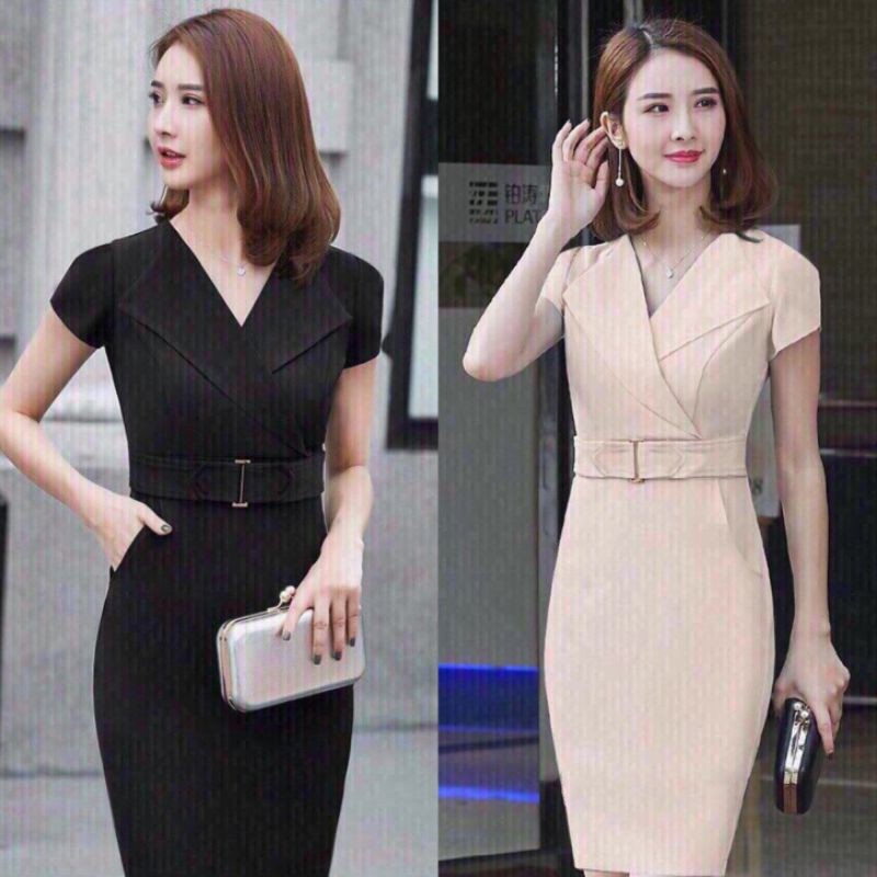 Đầm Body cổ vest tay ngắn eo phối belt Cao Cấp