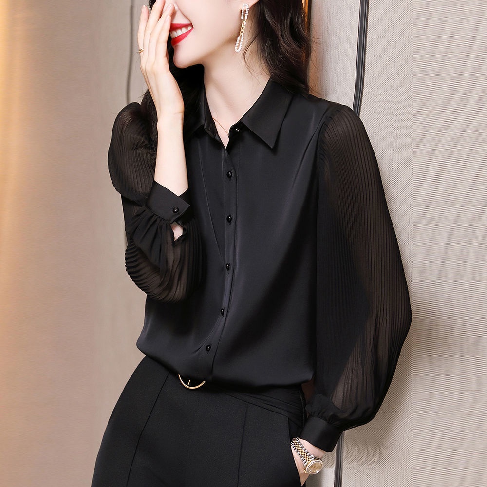 Áosơ mi tay dài màu đen phong cách phương tây thời trang xuân thu cho nữ 2021