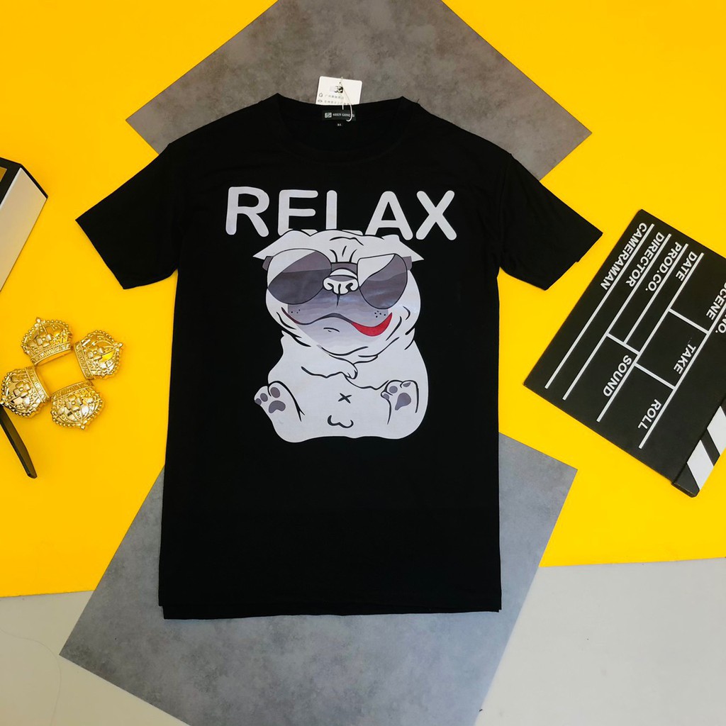 Áo thun ngắn tay không cổ in hình chó mặt xệ relax